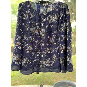 MAX STUDIO XL Navy-Blue Floral Pleated Blouse Long Bell Sleeves Boho Peasant
